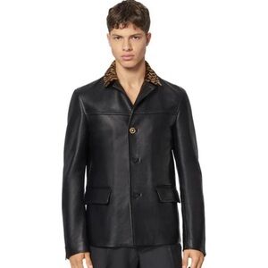 Versace Men Leather Jacket With Greca Fur Collar size 50